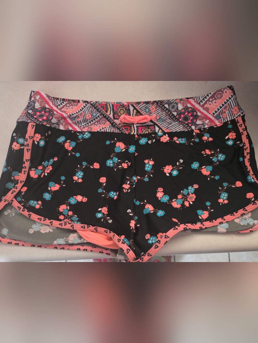 Wonder Nation Black Floral Bike Shorts with Coral & Teal Accents